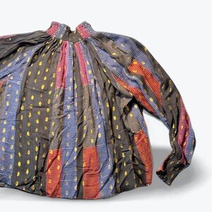 Oliphant Smocked HIgh Neck Blouse Metallic Gold Dot Striped Boho Top Small
